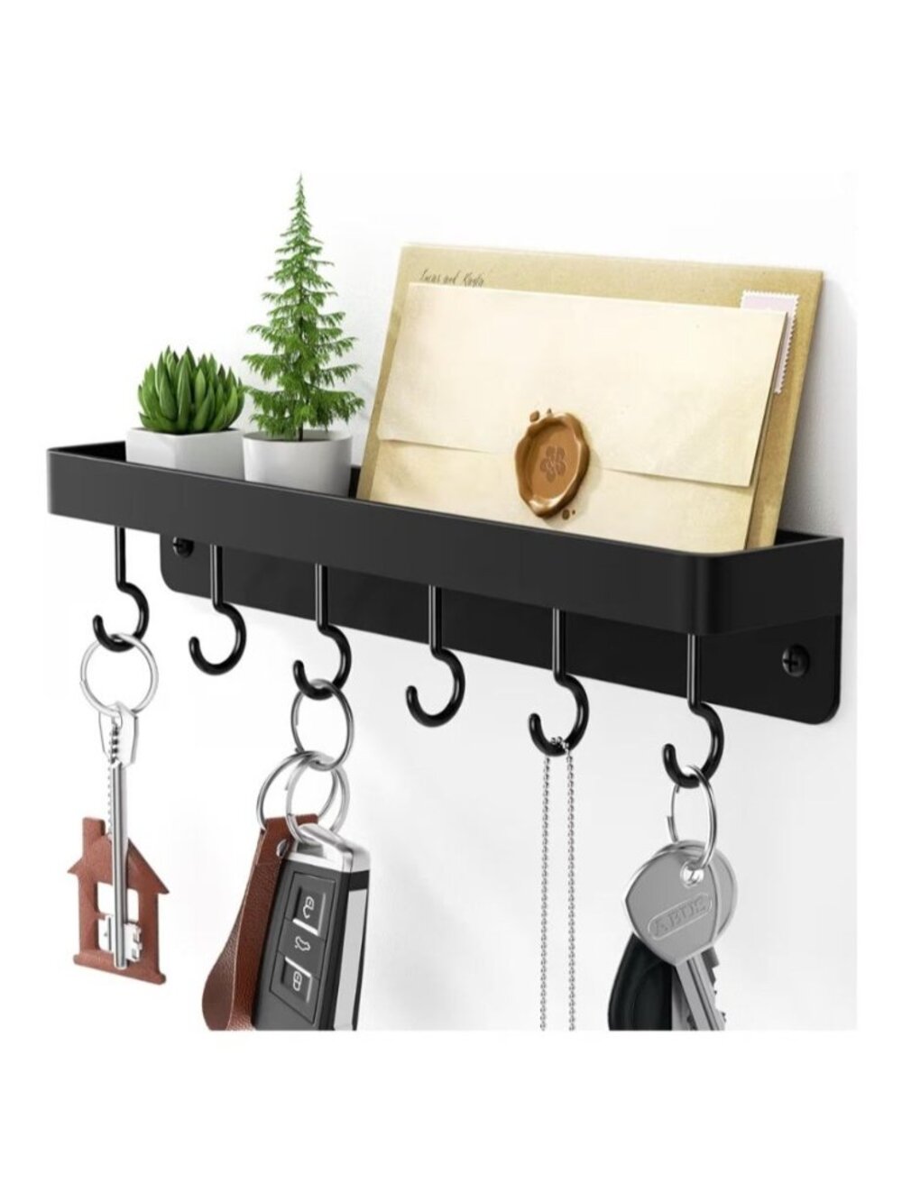 Black Key Holder Wall Mount Stainless Steel with Shelf & 6 Self-Adhesive Hooks